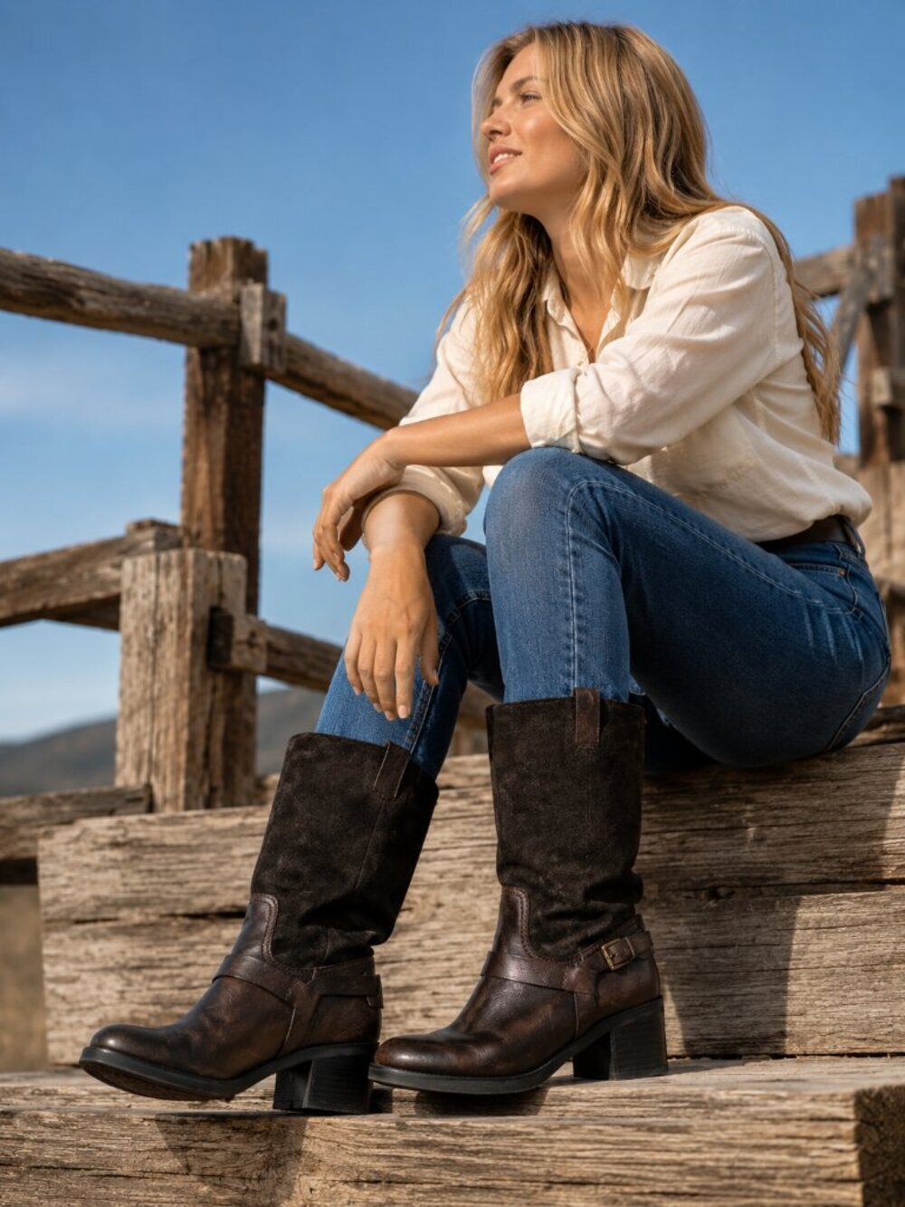 Lauren Ralph Lauren Brown Leather Suede Mid-Calf Buckle Boots Women's 7.5B